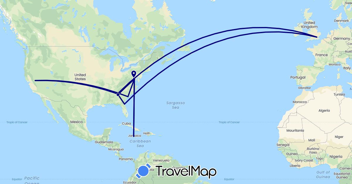 TravelMap itinerary: driving in United Kingdom, Jamaica, United States (Europe, North America)